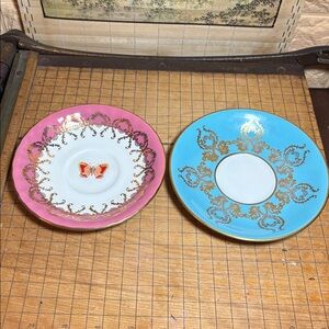 Pair Aynsley England Fine Bone China Saucers Turquoise, Pink/Butterfly, Gold Trm